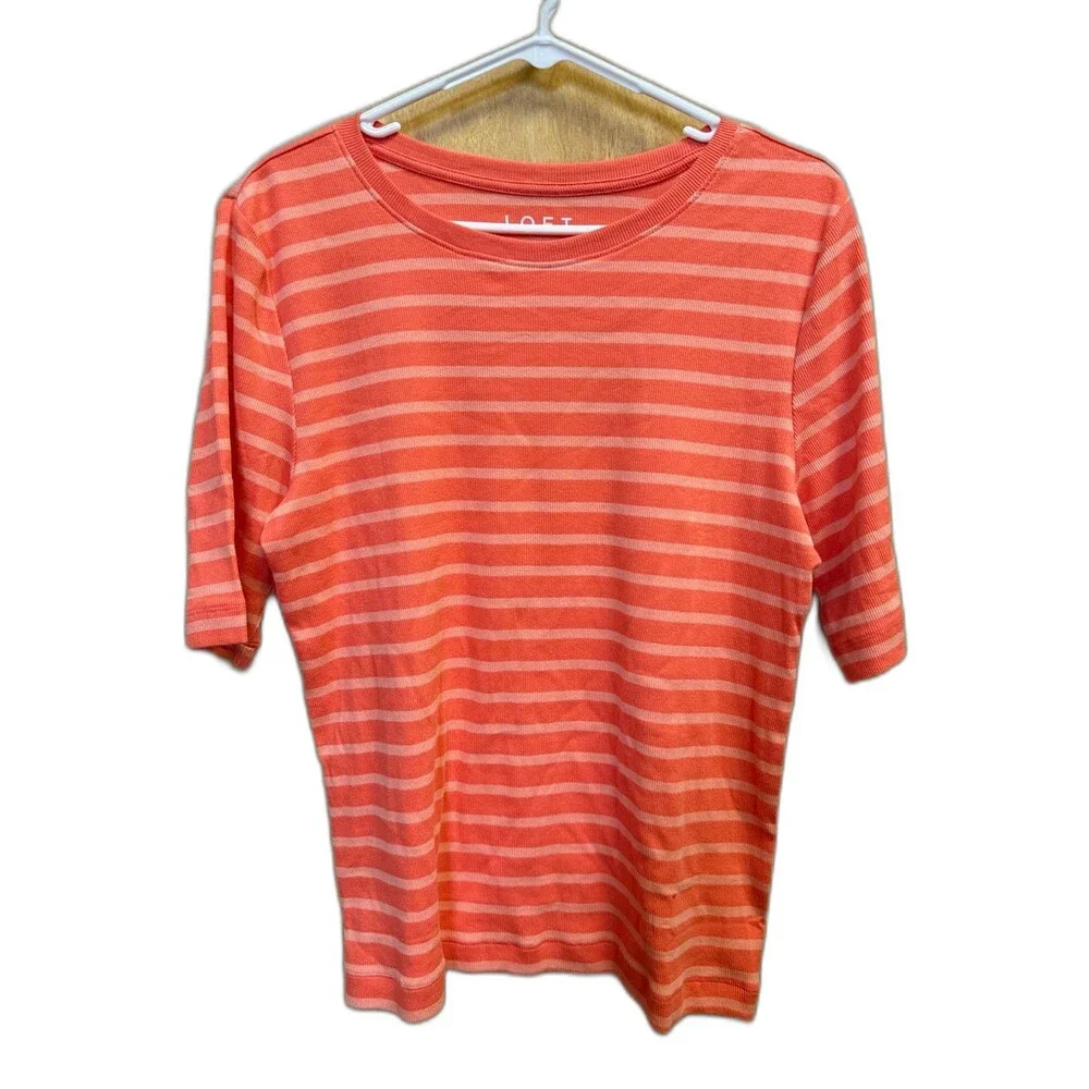LOFT Coral Pink Striped Short Sleeve Knit Top Women’s Size XL - Picture 1 of 3